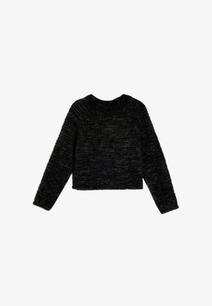 Pull en maille noire duveteuse à manches longues et col rond, court à la taille, sur fond blanc.