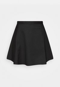 Falda negra en línea A con una tela suave, cintura plana y dobladillo acampanado. Sin estampados; el diseño limpio y sencillo realza su versatilidad.