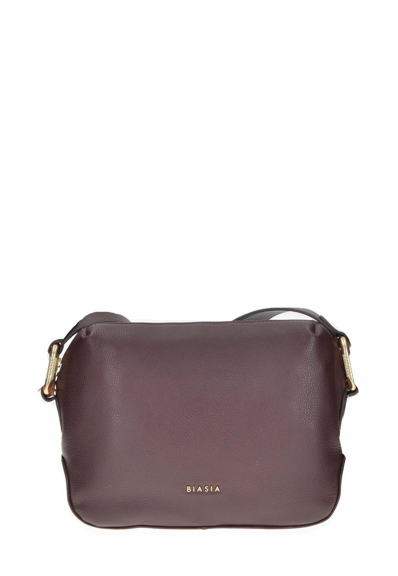 Borsa a tracolla in pelle bordeaux con hardware in tonalità oro, texture liscia, chiusura con zip e logo "BIASIA" impresso sul fronte.