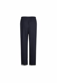 Marinblå pyjamasbyxor med elastisk midja och spetsdetalj i kanten av benen, tillverkade av ett mjukt, lätt tyg.