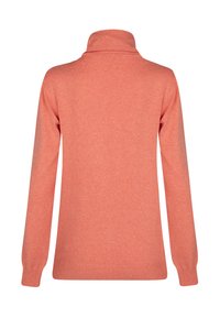 Maglione corallo con colletto alto, maniche lunghe e polsini e orlo a coste. Tessuto morbido con una finitura liscia.