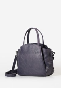 Borsa a tracolla in pelle viola con doppio manico, tracolla regolabile e silhouette strutturata. Presenta una texture liscia e hardware minimale.