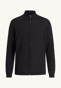 Black zip-up sweater with a high collar, ribbed cuffs, and a soft knit texture. Features a full-length zipper down the front.