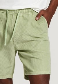 Shorts en velours côtelé vert clair avec une surface texturée et ribbée, une taille élastique et un cordon de serrage ajustable. Stylés avec des poches latérales.