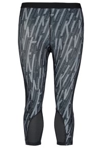 Sorte og grå atletiske leggings med et geometrisk mønster, der har netpaneler og en glat elastisk talje. Tætsiddende design.