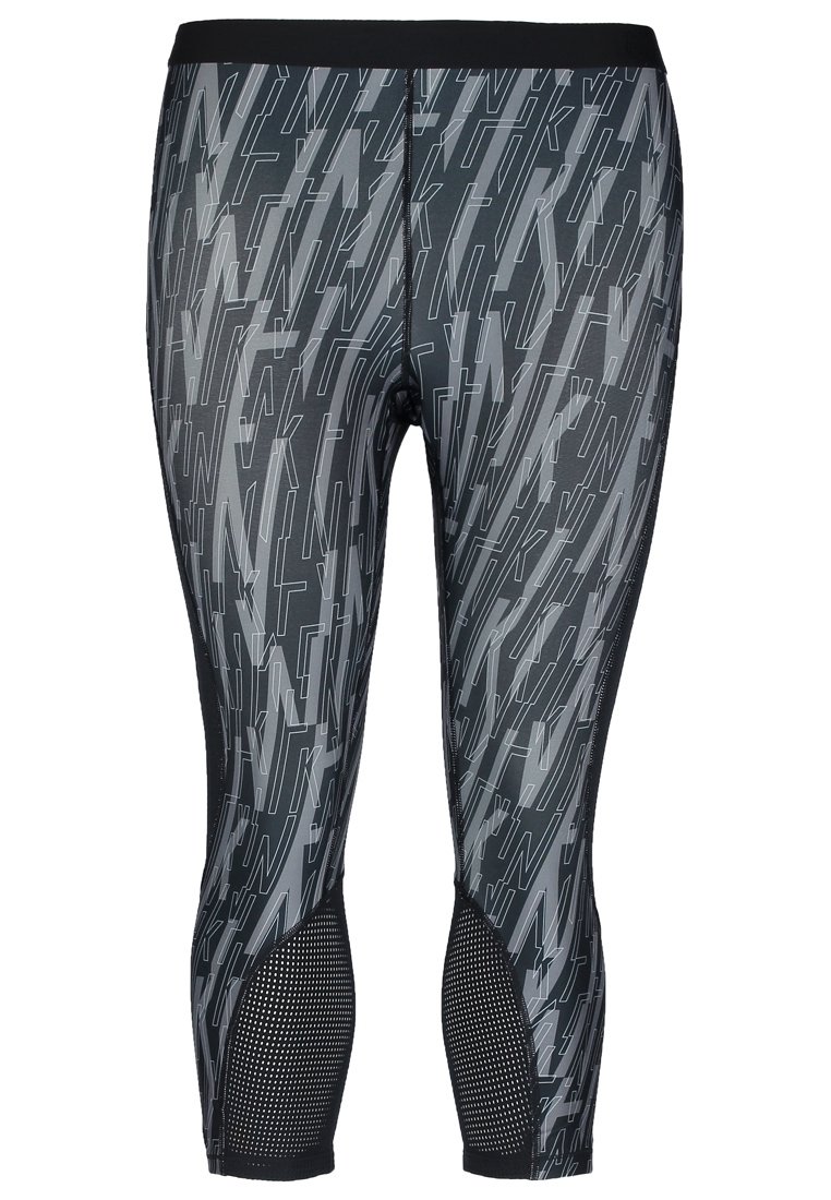 Sorte og grå atletiske leggings med et geometrisk mønster, der har netpaneler og en glat elastisk talje. Tætsiddende design.