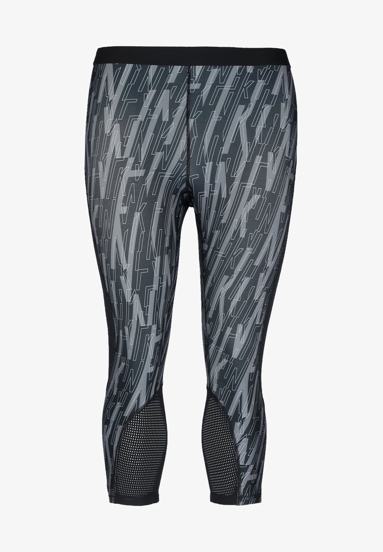 Sorte og grå atletiske leggings med et geometrisk mønster, der har netpaneler og en glat elastisk talje. Tætsiddende design.