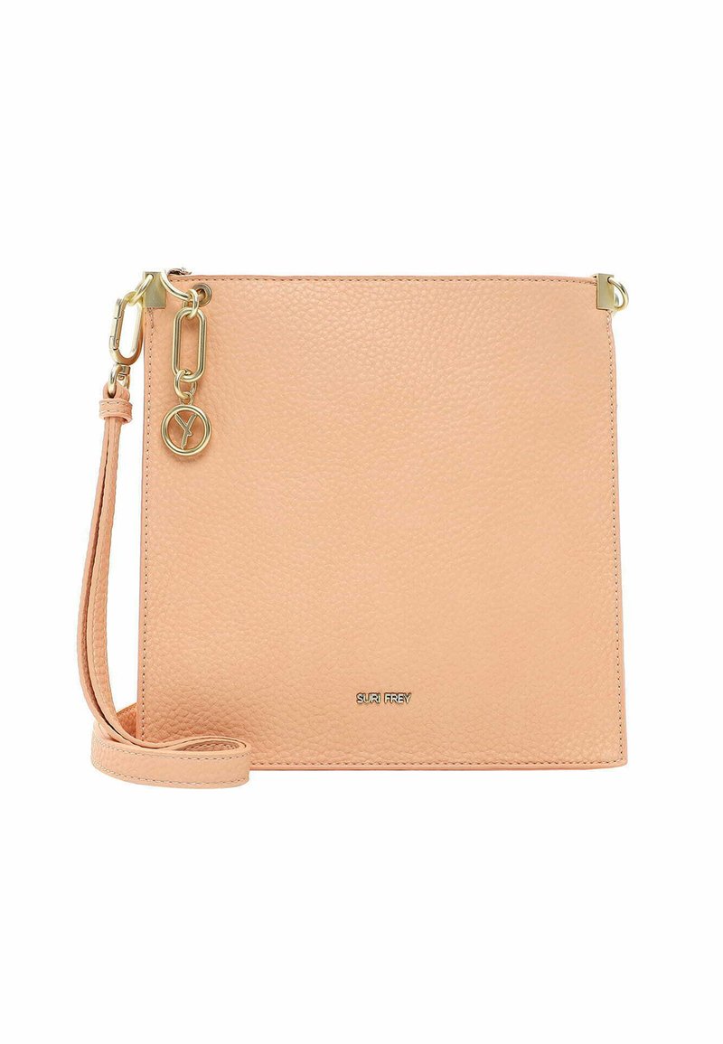 Borsa a tracolla in pelle pesca con superficie testurizzata, dettagli in metallo dorato, tracolla regolabile e logo sul fronte.