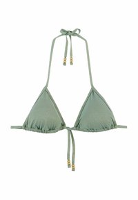 Haut de bikini triangle vert clair en tissu texturé avec des bretelles réglables et des accents en perles dorées. Présente des bords froncés pour un ajustement optimal.