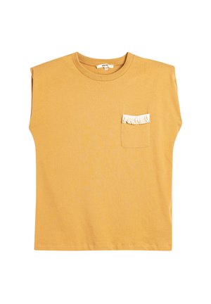 Korte mouwen mosterdgele T-shirt met een gestructureerde afwerking, voorzien van een kleine pocket met franjes aan de linkerkant van de borst.