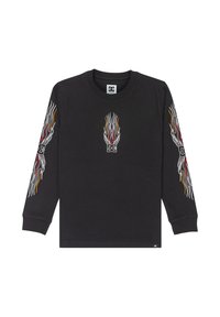Zwarte longsleeve t-shirt van katoen, met vlamontwerpen in wit, rood en geel op de mouwen en een logo op de borst.