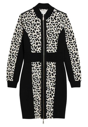 Schwarz-weißes Langarmkleid mit Leopardenmuster-Einsätzen, einem Reißverschluss vorne und einer taillierten Passform.