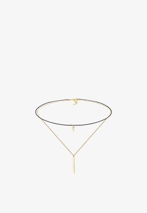 Halskette in Goldton mit einem dünnen schwarzen Band, das zwei Anhängerdesigns aufweist: ein spitzer Dreieck und ein vertikaler Balken, beide minimalistisch.