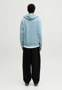 Capuchontrui in lichtblauwe katoenmix, met een relaxte pasvorm en geribbelde manchetten, gecombineerd met losse zwarte broek en bruine schoenen.