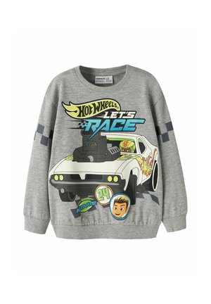 Sweat-shirt gris pour enfants avec une voiture de course blanche avec des flammes, un pilote portant un casque et le texte "Hot Wheels Let's Race" sur le devant.