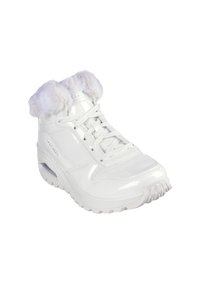 White high-top sneaker with glossy patent leather, faux fur collar, and lace-up design. Features a textured sole and visible cushioning.