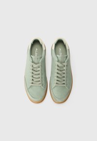 Zapatillas de ante verde claro con punta redonda, cordones a juego y acentos en crema. Presentan una suela de goma y un logo en la plantilla.