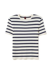 T-shirt a maniche corte a righe blu navy e bianche con scollatura rotonda, realizzato in un tessuto morbido, con righe di larghezza uniforme e vestibilità rilassata.