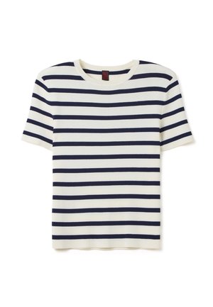 Marineblauwe en witte gestreepte t-shirt met korte mouwen en een ronde halslijn, gemaakt van een zachte stof, met gelijkmatige strepen en een relaxed fit.