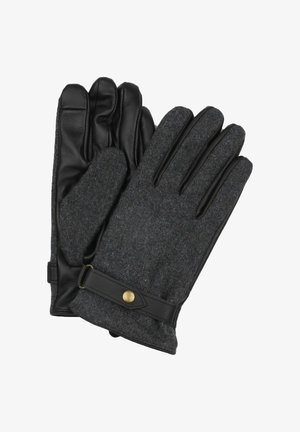 Leather and felt gloves in dark gray. Features include a leather palm, fabric back, and a decorative brass button on the wrist strap.