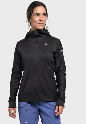 Black hooded jacket with a full zipper, two side pockets, and a textured fabric. Features logo on the left shoulder and fitted design.