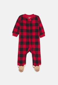 Rot- und schwarzkariertes Baby-Einzelteil mit langen Ärmeln, Druckknopfverschluss vorne und strukturierten, schweinchenförmigen Fußdetails. Weicher Stoff, gemütliches Design.