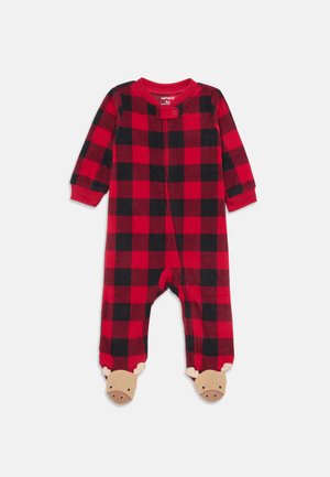 Rot- und schwarzkariertes Baby-Einzelteil mit langen Ärmeln, Druckknopfverschluss vorne und strukturierten, schweinchenförmigen Fußdetails. Weicher Stoff, gemütliches Design.