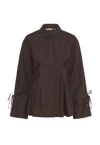 Dark brown long-sleeve blouse with pointed collar, front concealed buttons, pleats, and ties on wide cuffs.