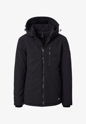 Sort isoleret vinterjakke med hætte, frontlynlås, lynlås til brystlommen og justerbare snore til hætten.