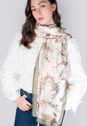 Silk scarf featuring a floral design in soft pastel colors with green striped edges. The texture is smooth and lightweight.