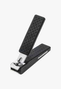 Zwarte Tweezerman nagelknipper met geribbelde gripgrepen en roestvrijstalen snijranden, deels open weergegeven op een witte achtergrond.