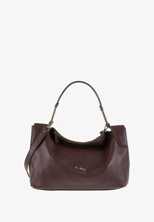 Sac à main en cuir marron avec une texture lisse et une grande ouverture. Il présente un logo doré et une poignée unique avec une sangle supplémentaire.