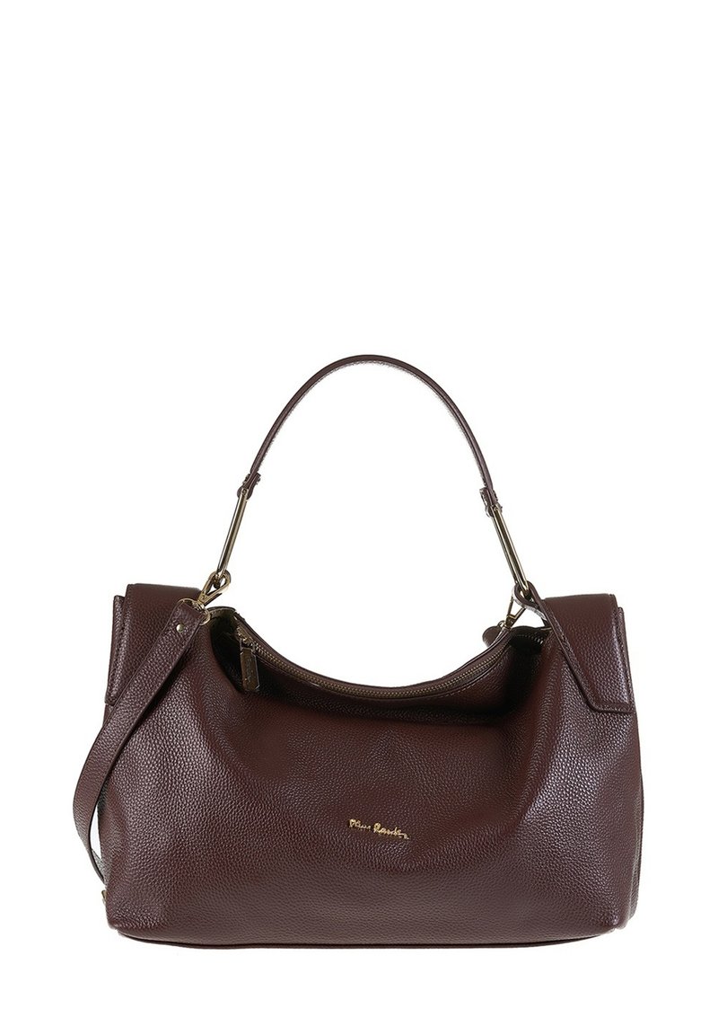 Borsa a mano in pelle marrone con una texture liscia e una grande apertura. Presenta un logo dorato e un manico singolo con una tracolla aggiuntiva.