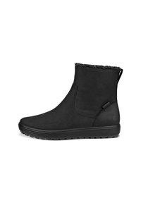 Botas negras hasta el tobillo hechas de un material sintético liso, con un borde similar a forro polar en la parte superior, suela de goma flexible con patrones de agarre.