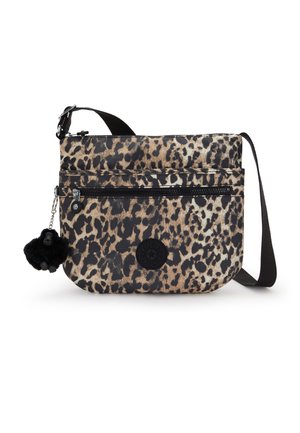 Leopard-print crossbody bag made of durable fabric with a black strap, featuring a front zipper pocket and a fluffy black charm.