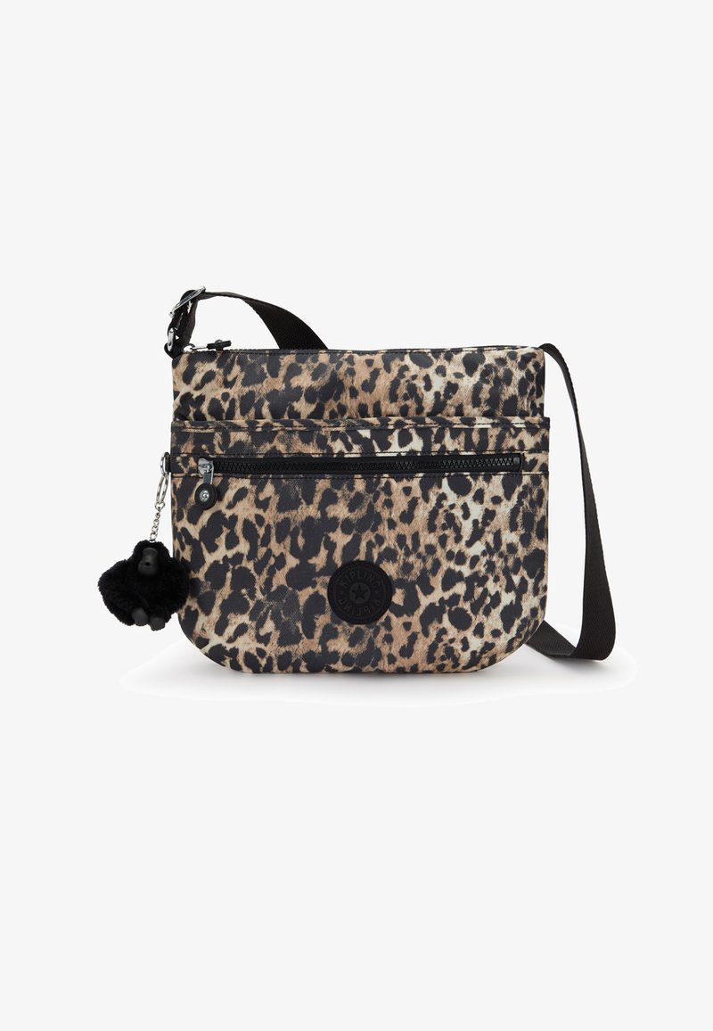 Leopard-print crossbody bag made of durable fabric with a black strap, featuring a front zipper pocket and a fluffy black charm.