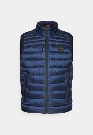 Chaleco puffer azul con cierre de cremallera, cuello alto y dos bolsillos laterales. Material ligero con una textura suave y detalles de costuras horizontales.