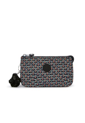 Zip-up pouch in dark fabric with multicolored pattern of fish scales. Features black logo and a plush black animal charm on a chain.