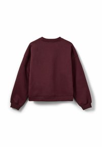 Weinrotes Sweatshirt, Rundhalsausschnitt, lange Ärmel, gerippte Bündchen und Saum, weiche Textur, lockere Passform, glatte Materialoberfläche.