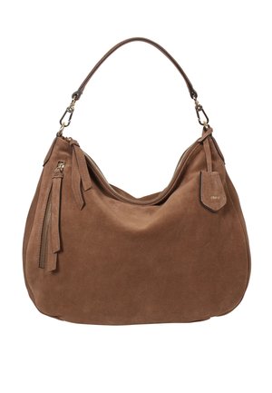 Brown suede shoulder bag with a wide, curved shape, zipper closure, and a decorative fringe detail, featuring gold hardware accents.