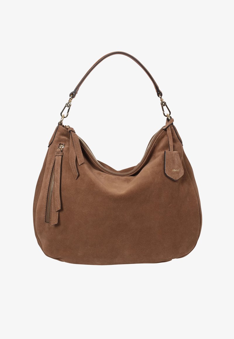 Braune Wildleder-Schultertasche mit einer breiten, geschwungenen Form, Reißverschlussverschluss und einem dekorativen Fransen-Detail, versehen mit goldenen Hardware-Akzenten.