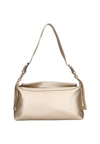 Borsa in pelle testurizzata color oro metallizzato, con forma rettangolare, tracolla regolabile e chiusura superiore con zip.