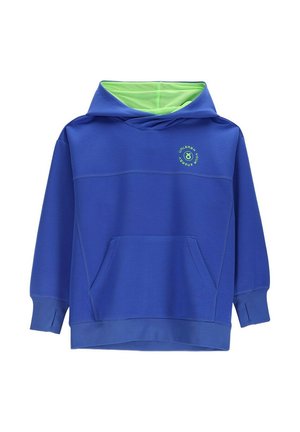 Niebieska bluza z kapturem z limonkowo-zielonym wewnętrznym wykończeniem kaptura, frontową kieszenią kangura, otworami na kciuk oraz małym okrągłym logo z napisem „Uwolnij swoją energię.”