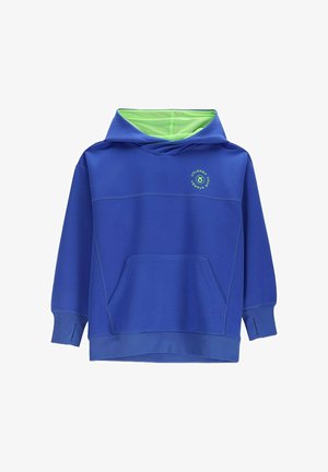 Niebieska bluza z kapturem z limonkowo-zielonym wewnętrznym wykończeniem kaptura, frontową kieszenią kangura, otworami na kciuk oraz małym okrągłym logo z napisem „Uwolnij swoją energię.”