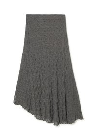 Falda de encaje gris con un patrón texturizado, dobladillo asimétrico y diseño en capas. Hecha de una tela ligera y transpirable.