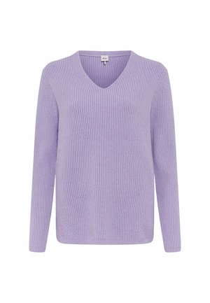 Pull en lavande à col en V avec texture en côtes, manches longues et fentes sur les côtés, fait en tissu doux pour le confort et la chaleur.