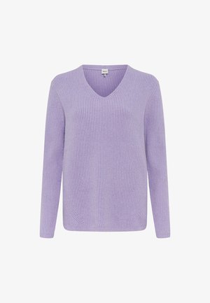 Pull en lavande à col en V avec texture en côtes, manches longues et fentes sur les côtés, fait en tissu doux pour le confort et la chaleur.