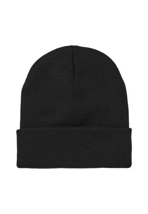 Berretto in maglia nera con una texture morbida, dotato di bordo ripiegato e un design semplice e senza cuciture. Adatto per essere indossato in clima freddo.