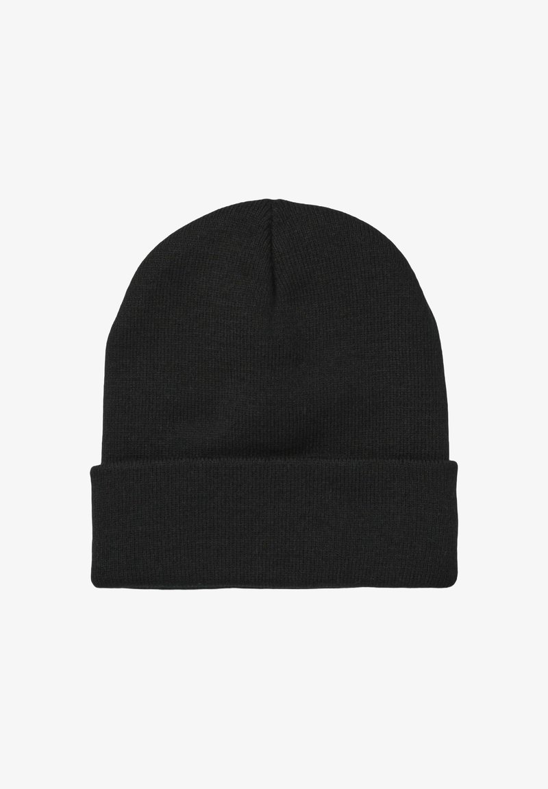 Berretto in maglia nera con una texture morbida, dotato di bordo ripiegato e un design semplice e senza cuciture. Adatto per essere indossato in clima freddo.