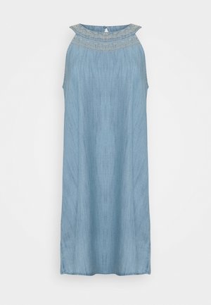 Sleeveless light blue denim dress with embroidered neckline and button closure at the back, knee-length and loose fit.